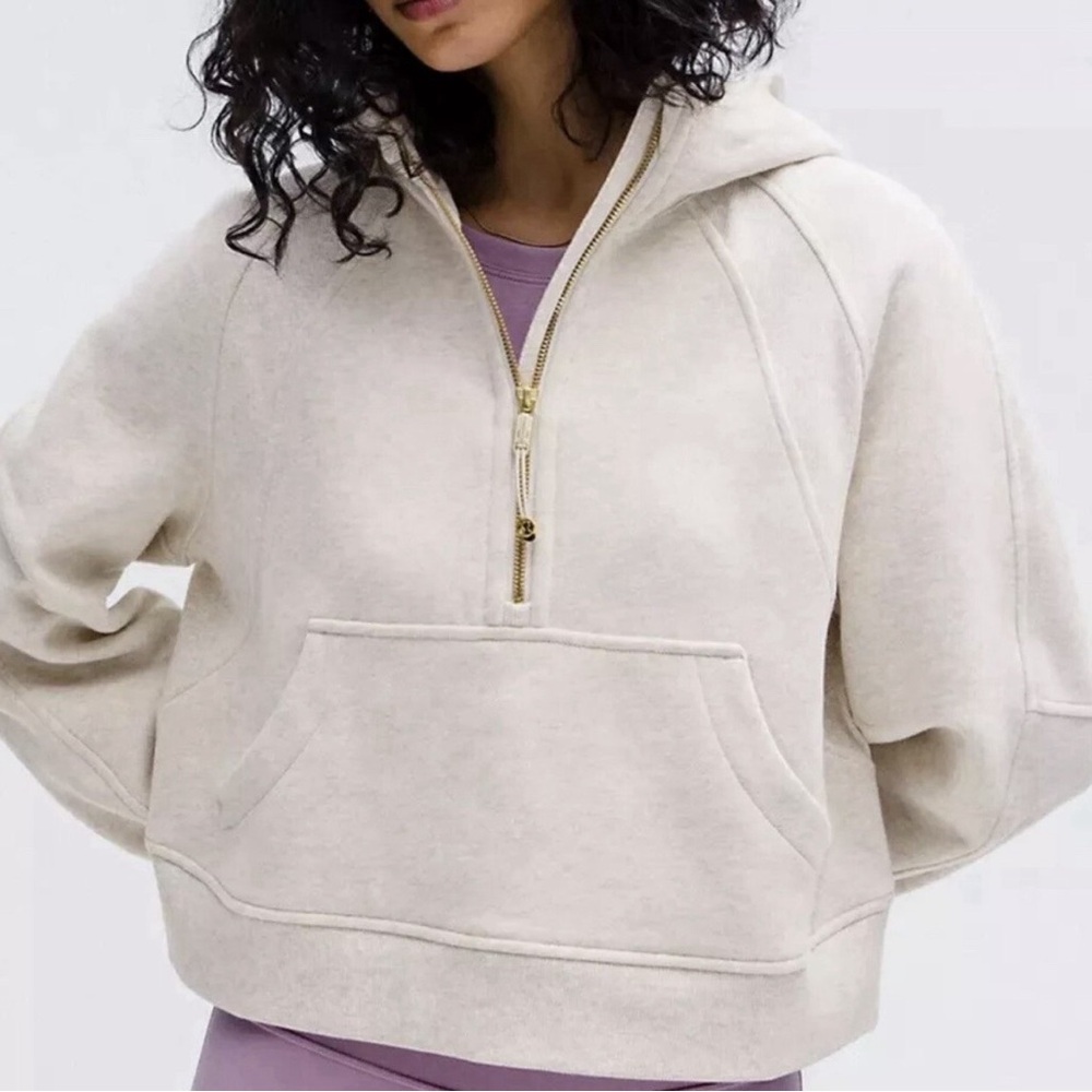 lululemon Scuba Oversized Funnel Neck Half-Zip Cropped in Heathered Bone Gold ML